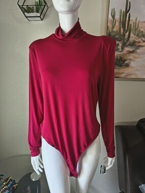 Fashion Nova Red Long-Sleeve Mock Neck Bodysuit